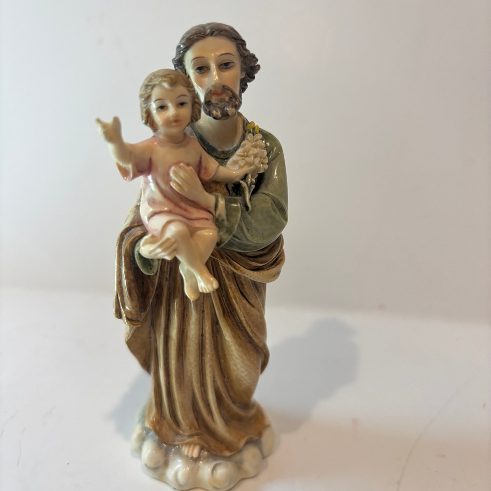 Saint Joseph Holding Infant Jesus Figurine Religious Statue Lilies 5.25 inch